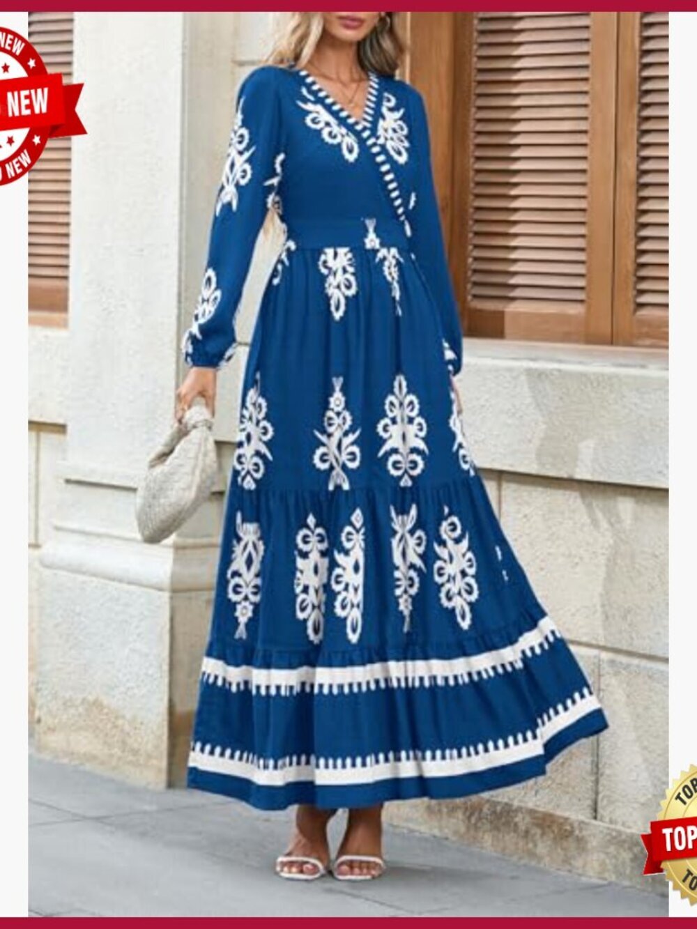 Long Sleeve V-Neck Maxi Dress, Boho Floral, Flowy A-Line, Wedding Guest - Picture 4 of 7